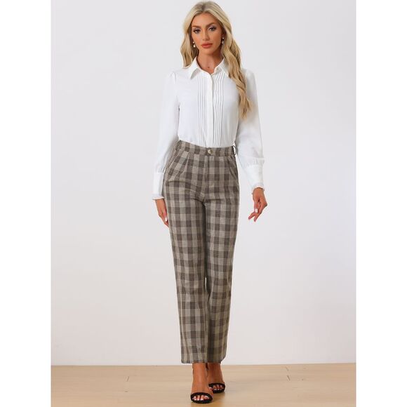 Plaid Pants Elastic Waist Casual Work Office Long Trousers Beige Black - Picture 3 of 5